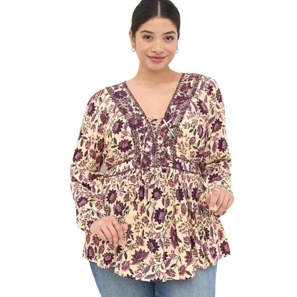 torrid Tops - Torrid Embroidered Lace Front Babydoll Top Textured Challis‎ Floral Sand NWT 1X